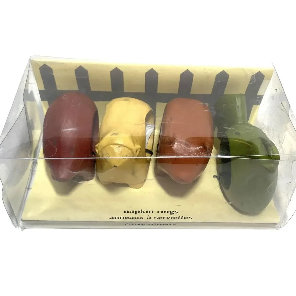 Pier 1 Imports Farm Animals Country Kitchen Wood Napkin Ring Holder Set of 4 NEW